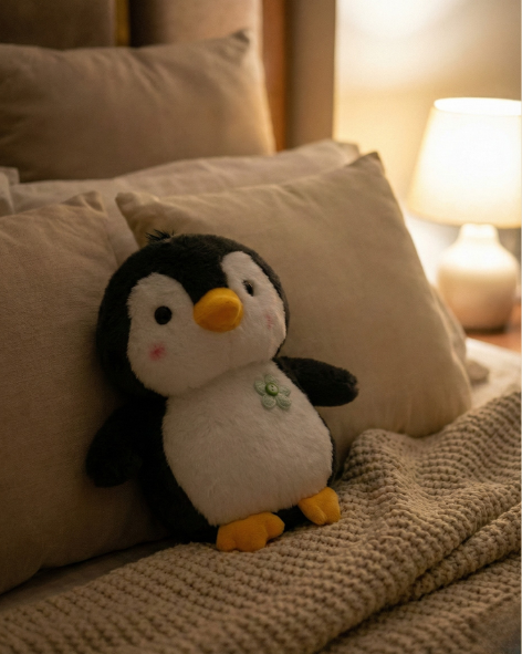 Chubby Blushing Penguin Plush with Green Flower Button Pearls Toys