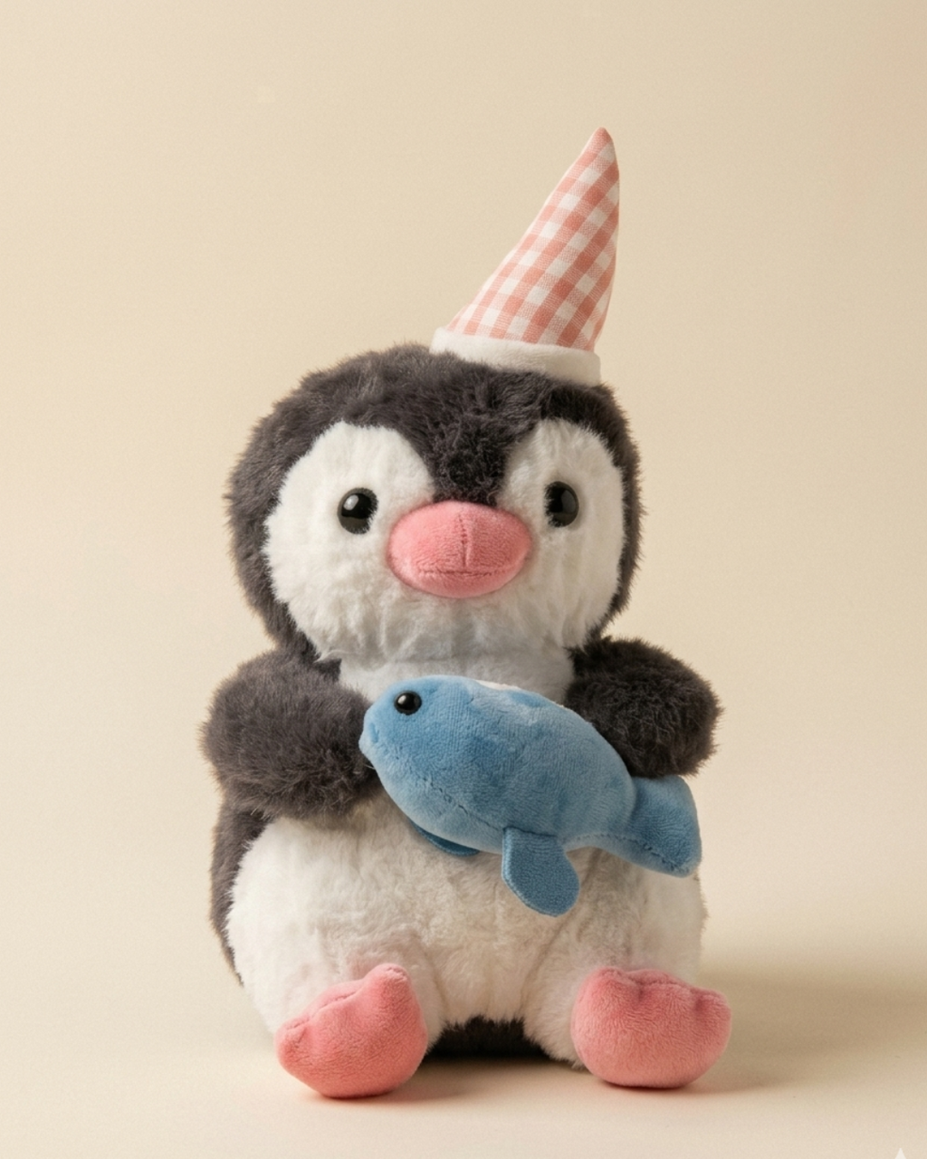 Adorable Plush Penguin Birthday Companion with Pink Gingham Party Hat