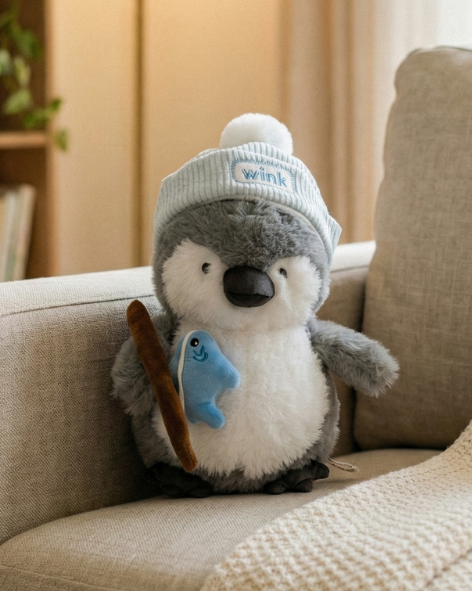 Cozy Angler Penguin: Premium Plush with "Wink" Knit Beanie & Fishing Rod Pearls Toys