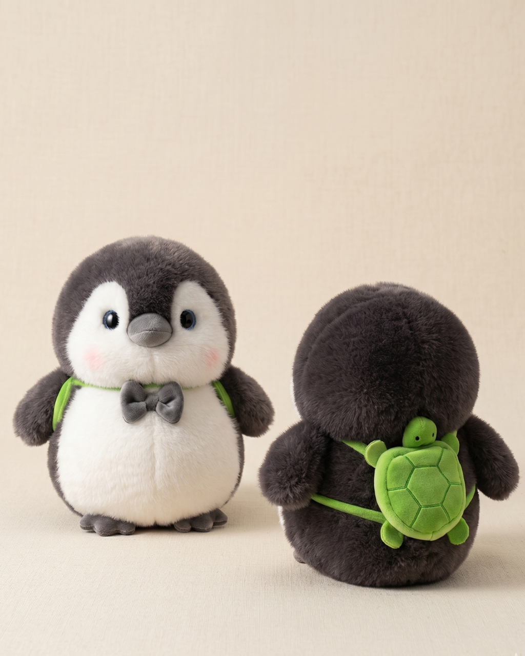 Adorable Fluffy Penguin Plush Toy with Bow Tie & Green Backpack Straps