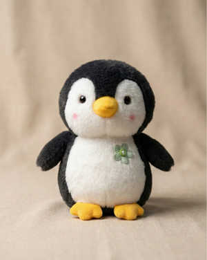 Chubby Blushing Penguin Plush with Green Flower Button