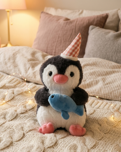 Adorable Plush Penguin Birthday Companion with Pink Gingham Party Hat