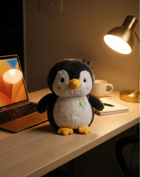 Chubby Blushing Penguin Plush with Green Flower Button Pearls Toys