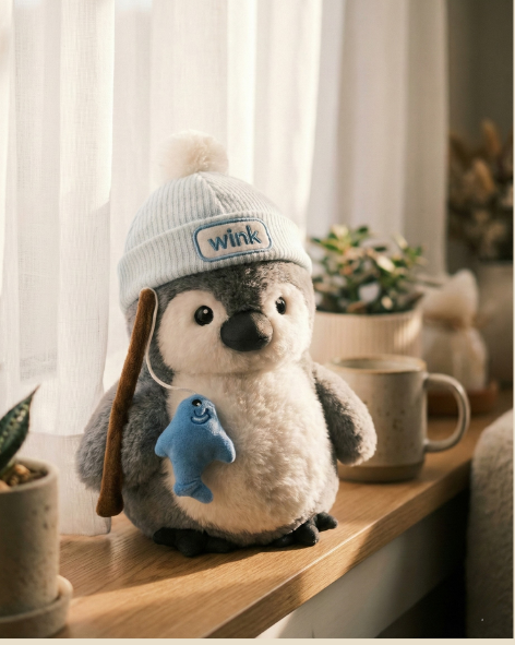 Cozy Angler Penguin: Premium Plush with "Wink" Knit Beanie & Fishing Rod Pearls Toys