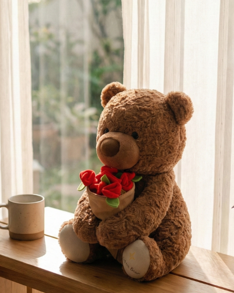 Rose Garden Teddy Bear Plush — Soft Brown - Pearls Toys